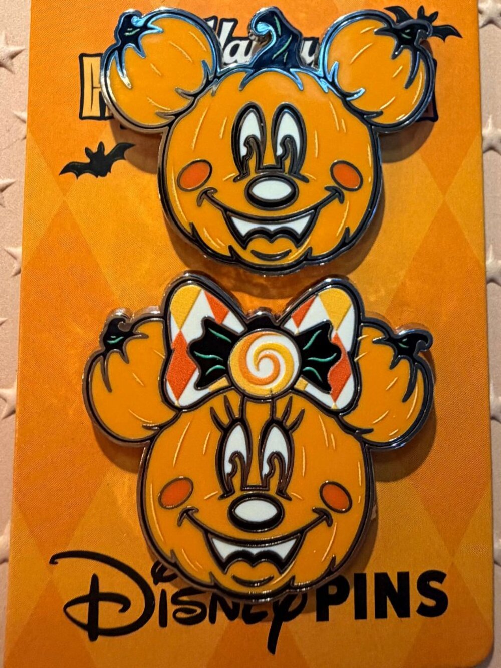 Mickey Minnie Mouse Jack O'Lantern Halloween Pumpkin Disney Pair Pin Set NOC